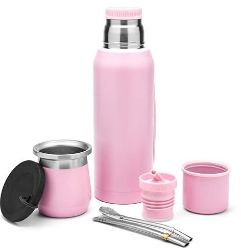 BALIBETOV Ensemble complet Yerba Mate – gourde moderne Mate (266,2 ml), thermos avec 2 becs (100 ml), 2 pailles Bombilla – Kit de qualité supérieure (rose)