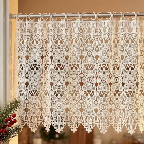 Molaxhome Spitze Scheibengardinen Kurzstores Jacquard Halbtransparent Küchengardinen Bistrogardine Fenstervorhang Küche Vorhänge Fensterschal mit gebogter Kante Valance 688 132x46