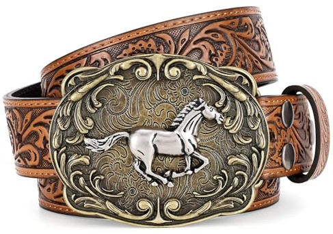 SANSTHS Cowboy Gürtel Westerngürtel für Damen Herren Bullenkopf Schnalle | Geprägt Longhorn Pferd Western Schnalle, Leder Gürtel für Jeans, Cowboy Outfits, Karneval Outfit, Party