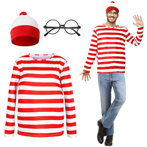 Moiuguli Adult World Book Day Costume Long-Sleeved Red and White Striped T-Shirt, White & Red Bobble Hat, Round Glasses Carnival World Book Day Costumes Fancy Dress for Men (S)