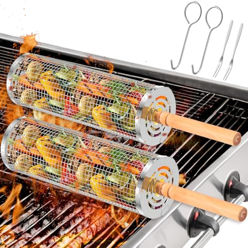 2 Stück Nestendes Rollendes Grillkorb Set mit Holzgriff, Edelstahl Grillkörbe für Gemüse Fleisch, Tragbare Zylindrisch Rolling Grill Korb, Grill Zubehör für für Camping Picknick BBQ