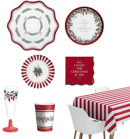 OH YEAH - Kit Vajilla Navidad 12 Personas All I Want - 72 Piezas - Platos, Vasos, y Servilletas Desechables - Temática Navideña - Cenas Navideñas, Reuniones Familiares y Fiestas de Fin de Año
