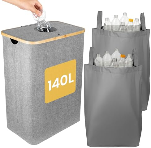 GREENSAPPIRE 140L Bottle Recycling Bin with Lid, Large Deposit Bottle Storage Box with Silicone Drop-In Hole, Double Removable Laundry Bags, Heavy-Duty Oxford Fabric Bottles Collector for Home