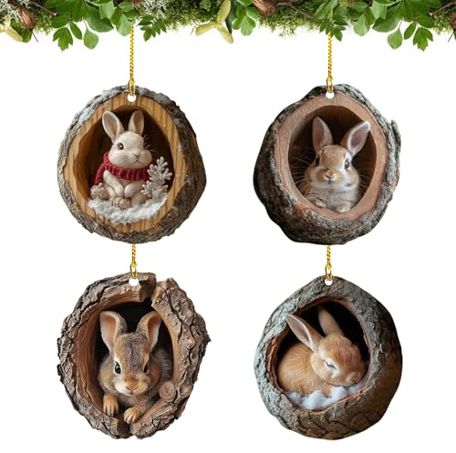 CUBarty 4 Stück Osterdeko zum Aufhängen, Osterhasen Deko Acryl 2D, Osterschmuck mit Hase in Baumhöhlen, Anhänger Ostern Deko Draußen für Ostergeschenk (A)
