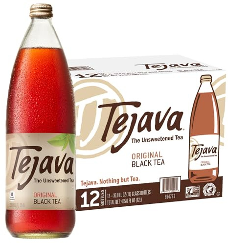 Tejava Original Unsweetened Black Iced Tea, 12 Pack, 1 Liter Glass Bottles, Non-GMO, Kosher, No Sugar or Sweeteners, No calories, No Preservatives, Brewed in Small Batches