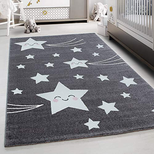 Teppium Kinderteppich für Jungen und Mädchen Sterne Muster 160 cm Rund Grau - Kurzflor Waschbarer Teppich Extra Weich und Antiallergen - Teppich für Kinderzimmer, Babyzimmer und Spielzimmer