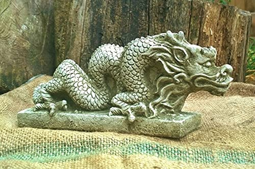 Statue de dragon chinois en pierre reconstituée | Décoration de jardin mythique vintage