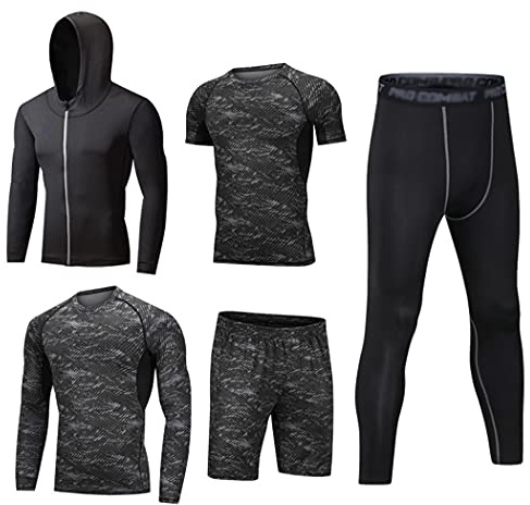 HZQIFEI Herren 5 Stück Fitness Trainingsanzüge Anzug Kompressionsshirt Sportbekleidung Schnelltrocknend Atmungsaktiv für Running Gym Fitness