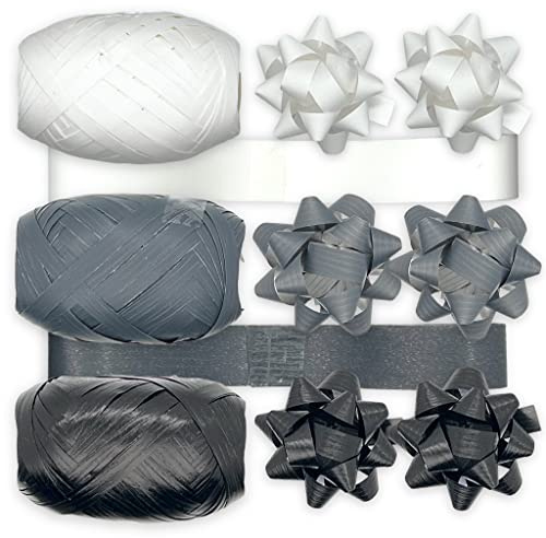 Set Ringelband Polyband Geschenk-Band Geschenkschleifen zum Basteln und Verpacken - glänzend & matt sortiert (weiß - grau- schwarz, 7 Rollen Geschenkband + 6 Geschenkschleifen)