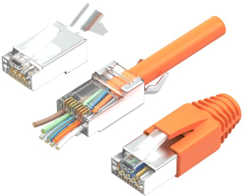 RJ45 Stecker Cat7 10er Set | Netzwerkstecker, Pass Through & Geschirmt | Inkl. Zugentlastung, Knickschutztülle Orange & Einführhilfe | Ideal für CAT 7, Cat6A Verlegekabel AWG23 | 8-Poliger Plug
