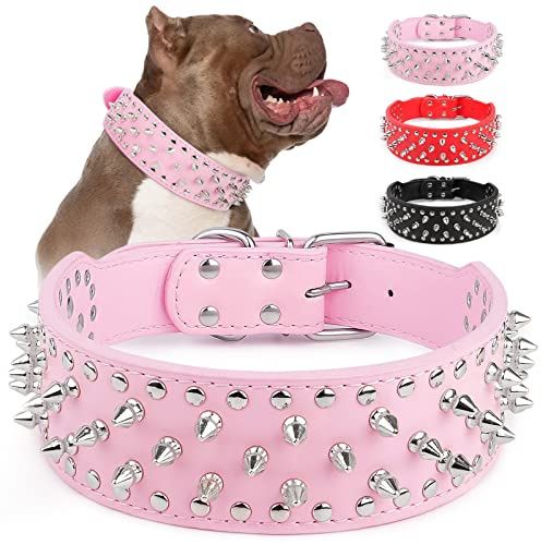 Epesiri Adjustable Wide Spiked Dog Collars, Mushroom Rivet PU Leather Cat Dog Collar, Durable Spike Studded Pet Collar for Small Medium Large Breed, PitBull Mastiff Bulldog Pugs Husky Rottweiler, Pink