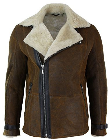 TruClothing.com Herren Lederjacke Braun Schaffell Shearling Vintage Design Eng Tailliert Reißverschluss Schafsleder Jacke