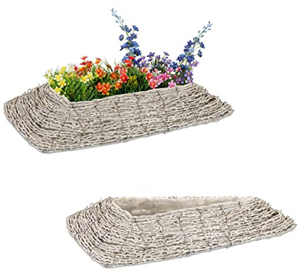 Relaxdays Blumentopf, 2er Set, Rattan, Pflanzentöpfe mit Folie, HBT: 10 x 55 x 25 cm, Pflanzkörbe für innen, weiß/Natur | HBT: 10 x 55 x 25 cm, Pflanzkörbe für innen