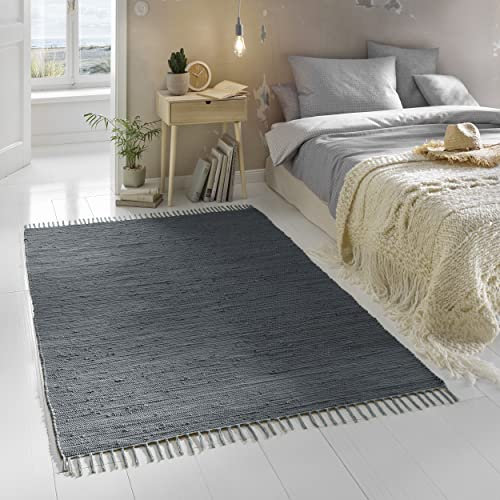 TacaHome Flicken-Teppich 100% Baumwolle I Waschbarer Fleckerl mit Fransen I Esszimmer Küche Badezimmer Wohnzimmer Kinderzimmer | 70 x 140 cm Anthrazit