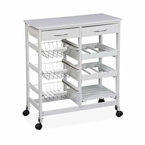 Alice's Home - Aparador de Cocina Blanco, Carro con Ruedas - Charlotte - 2 cajones, 3 cestas, 2 botelleros, 1 Estante