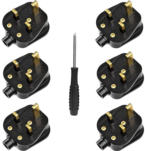 UK Plugs with 13 AMP Fused, 3 pin Mains Plug with Cord Grip Rewireable Heavy Duty Electrical Plug, Rubber Composite Plug, 6 Pack - Black