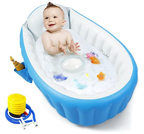 PandaEar Bañera Inflable para Bebés, Bañera Portátil para Bebés, con Bomba de Aire, Plegable, Antideslizante, Mini Piscina de Aire para Recién Nacidos (Azul)
