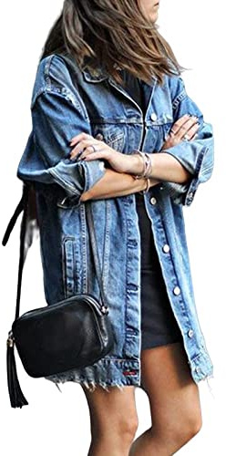 Giubbino Jeans Donna, Giacca di Jeans da Donna Moda Blu Giacca Abbottonata A Maniche Lunghe Strappata Strappata Vintage Lavaggio Lungo in Denim Sbiadito Cappotto Primaverile Transizione Casual Allen