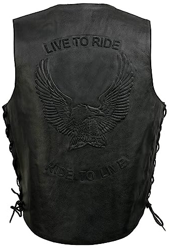 EVENT LEATHER ELM3900 Men's 100% Genuine Motorcycle Leather Vest | Biker Vests with Embossed Eagle | Live To Ride - Small