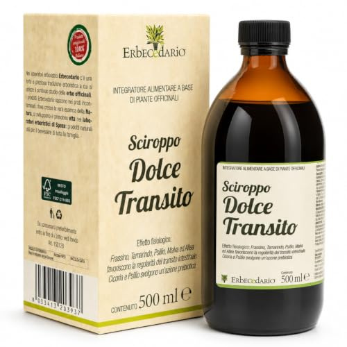 Dolce Transito Sciroppo Lassativo delicato per Stitichezza e Stipsi, Integratore per intestino pigro, Lassativo liquido Sgonfia e Depura l'intestino e favorisce la digestione 1 Flacone in vetro 500ml