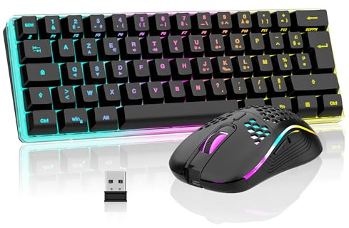 RedThunder K62 60 % kabellose Gaming-Tastatur und -Maus, RGB,AZERTY, französisches AZERTY, 62 Tasten, Mini-Tastatur, Hintergrundbeleuchtung, ultrakompakt, leichte optische Maus, tragbar, für PC PS5