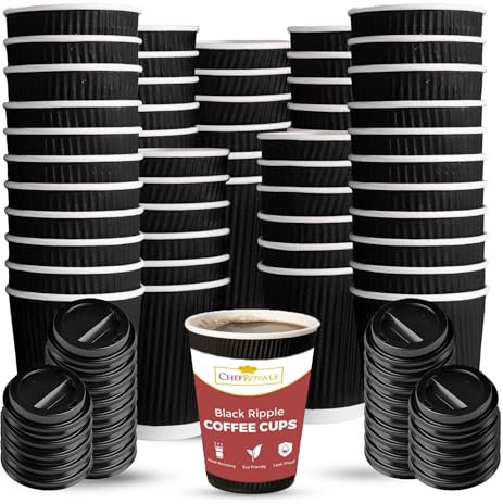 Chef Royale 100x 12oz Black Ripple Disposable Coffee Cups With Lids - Insulated Triple Walled Takeaway Coffee Cups- Disposable Cups for Hot and Cold Drinks for Christmas, Birthdays Parties (100, 12oz)