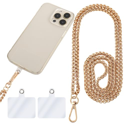 Amabro Metal Phone Lanyard - Universal Phone Purse with Crossbody Strap, Adjustable Hands-Free Wrist Strap, Smartphone Compatible, 47.2 Inch (Gold)