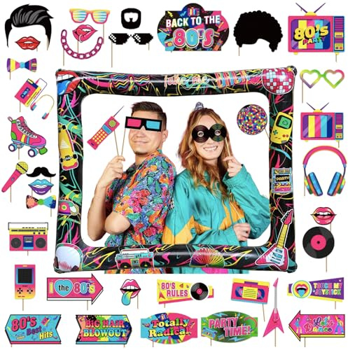 POPOYU 80s Retro Party Inflatable Photo Booth with 40Pcs Photo Booth Props Selfie Picture Frame for 1980s Disco Party,Kids Party Game Accessories,Giant Props Frame Celebration Blow Up Party Props