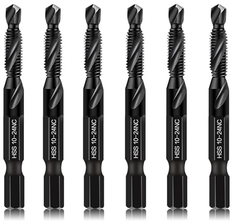 6-Piece 10-24NC Combination Drill Tap Countersink Bit Set SAE, Made of High-Speed Steel with Anti-Rust Blackened Coating, Ideal for Soft Metal, Wood & Plastic, 10-24NC Thread Size, 1/4 Hex Shank
