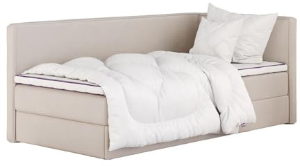 mybed. Boxspringbett Einzelbett Mitto Conti Twin Rechte Seite Polsterbett mit Bettkasten Cremig 7-Zonen Taschenmatratze H2 100x200 und Topper Jugendbett Kinderbett