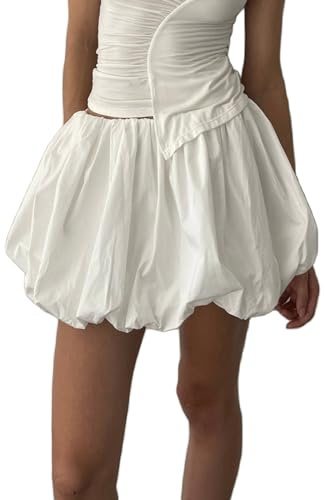 Qianderer Women Y2K Bubble Skirt High Waist Ruffle Hem Flared Mini Skirts Puffy A Line Pleated Mini Short Skirt Streetwear (Ba White, L)