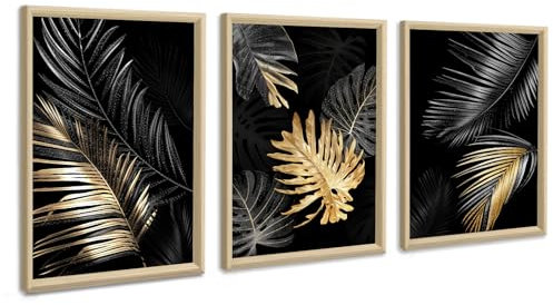 3Pcs Marco de Madera Cuadros Decorativos, Modernos Planta de Hojas de Oro Negro Cuadros Abstracto Lienzo Cuadros Decorativos Salón Dormitorio Comedor Oficina Decoración Listo para colgar 30x40cmx3