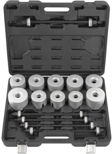 TECPO Radlager-Werkzeug-Satz, 26-teilig, universelles Werkzeugset zur Montage & Demontage von Silentlagern, Zug- & Druckhülsen-Satz, Gummilager und Kugellager, 5 Spindeln M10 - M18 & 22 Druckstücke