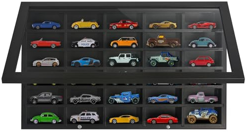 Americanflat 11x18 Toy Car Display Case - Holds up to 30 Cars - Model Car Displays with Removable Shelves and Shatter-Resistant Glass - Wall Mounted Display Cases for Collectibles - Black