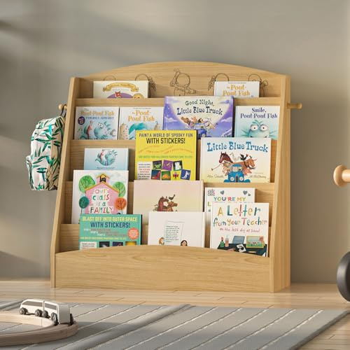 Kinder Bücherregal mit 5 offenen Fächern und Haken, 80x30x75cm (Natur)
