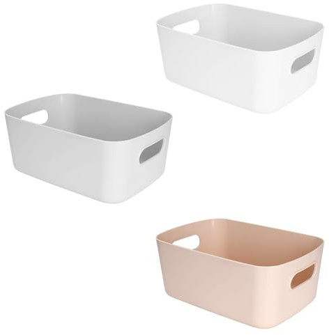 Jesustree Cesta de Almacenamiento de Plástico, 3PCS Organizador de Cesto con Asas, Cubo de Contenedores Pequeños Cajas Almacenaje para Cocina, Oficina, Baño, Cosméticos, 22x14x10cm