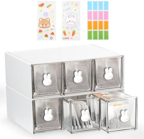 SHAIDOJIO 6 Drawer Plastic Tea Box, Clear Lid Tea Bag Storage with 1 Sheet Label and 2PCS Stickers, Tea Box Organiser, Easy Access Tea Bag Holder, Handy Coffee Storage for Tea Bags Creamer Sugar