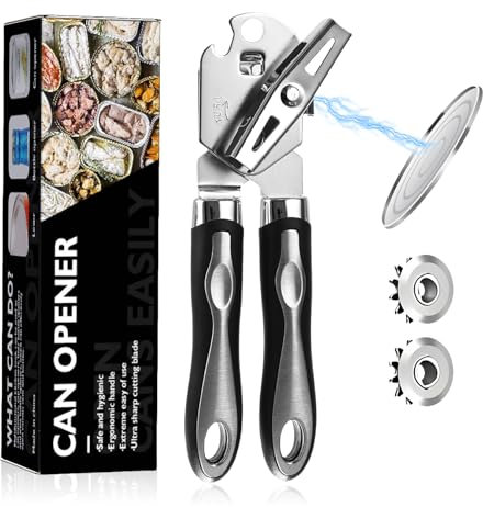 Flintronic Abrelatas 3 en 1, Abrelatas Manual Profesional de Acero Inoxidable Borde Liso, con Mango Antideslizante y Perilla de Torneado Ergonómica, para Ancianos Manos Débiles Sufridores De Artritis