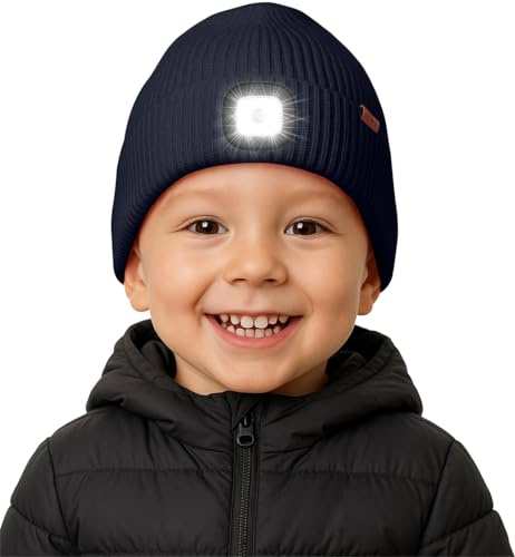 ATNKE Barn LED mössa med ljus fodrad fleece, USB uppladdningsbar 4 LED Löpning Keps Ultra Bright Hands Free Lampa Vinter Varm Stickad Mössa Gåvor för Pojkar och Flickor, Marinblå, one size