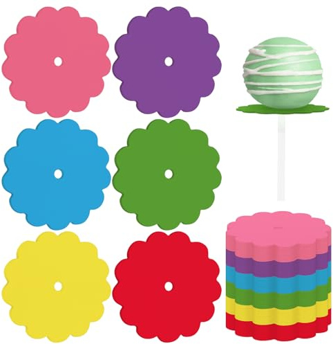 Tiangrid 100 Pcs Scalloped Cake Pop Boards with Hole Cake Base, Multicolor | 2 Inch Mini Round Candy Cake Base, Baby Shower Dessert Table Cupcakes, Birthday Party Wedding Supplies
