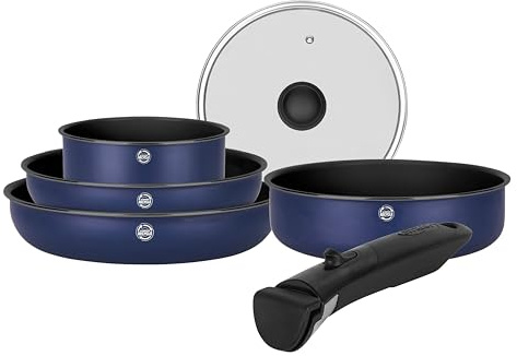 Sitram 716978 Batterie de Cuisine en Aluminium recyclé bleu 6 pcs : 1 manche amovible, 1 casserole Ø18cm, 2 Poêles Ø22,26cm,1 Sauteuse Ø24cm, 1 couvercle - Tous feux dont induction