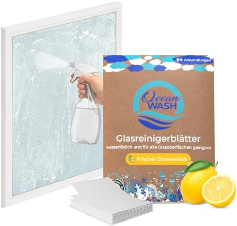 OceanWash Glasreiniger Blätter, 64 Anwendungen, starker Glass Cleaner für streifenfreie Fenster-Reinigung, für alle glatten und versiegelten Oberflächen, biologisch abbaubar, ohne Mikroplastik