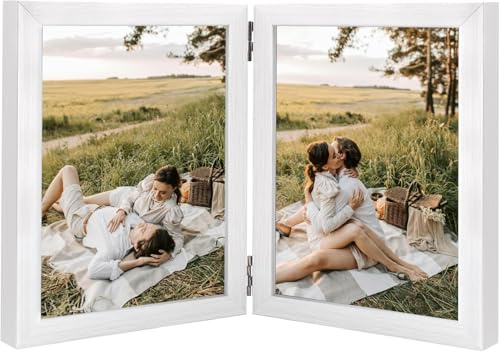 Ichigo Ichie Marco de Fotos Doble Plegables, Portafotos Plegable para Mesa, Marco de Fotos de Madera Decorativo Multiples para 2 Fotos de 15x20cm, Blanco