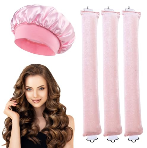 FESDMOH 3 Pcs Heatless Hair Curler, Bigodino Lungo per Boccoli, Bigodini Morbidi per Dormire, con Ganci, con Cuffia Seta Capelli Notte, per Capelli Lunghi e Corti (Rosa, Large)