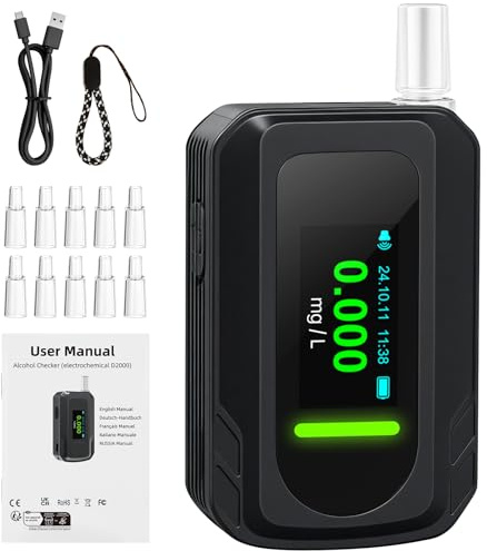 XEOOCE Etilometro Elettronica - Alcootest con sensore elettrochimico e controllo a 1 pulsante, Etilometro con 10 bocchini, Test di Alcoolemia preciso della Polizia