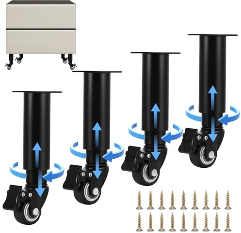 OXENKA 4 patas para muebles con ruedas, giratorias 360 grados y móviles, patas de metal con ruedas de freno, patas de mesa ajustables en altura para armario, cama, sofá, mesita de noche (18,5 – 26 cm