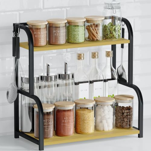 Kitchen Shelf Organiser Coffee Station - Spice Rack Storage Cupboard Organizer Black Wooden - 2 Tier Shelves for Counter Top - Small Desk Worktop Organisation Unit Free Standing Coffe Bar Accessories