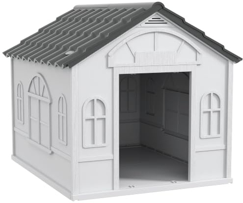 PawHut Außen-Hundehaus für große Hunde 84.2x98.2x82cm Grau | Wasserdichtes PP, Schrägdach, offene Vordertür, obere Lüftungsöffnung.
