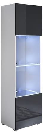 Meubles Bonitos Armoire vitrée Luke V6 en mélaminé brillant avec pieds standard, couleurs noir et blanc, 40 x 167 x 29 cm (l x H x P)
