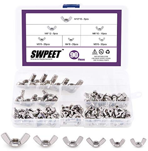 Swpeet 90Pcs 304 Stainless Steel Serrated Metric Wing Nuts Butterfly Nuts Hex Dome Cap Assortment Kit, 6 Sizes - M3 M4 M5 M6 M8 M10